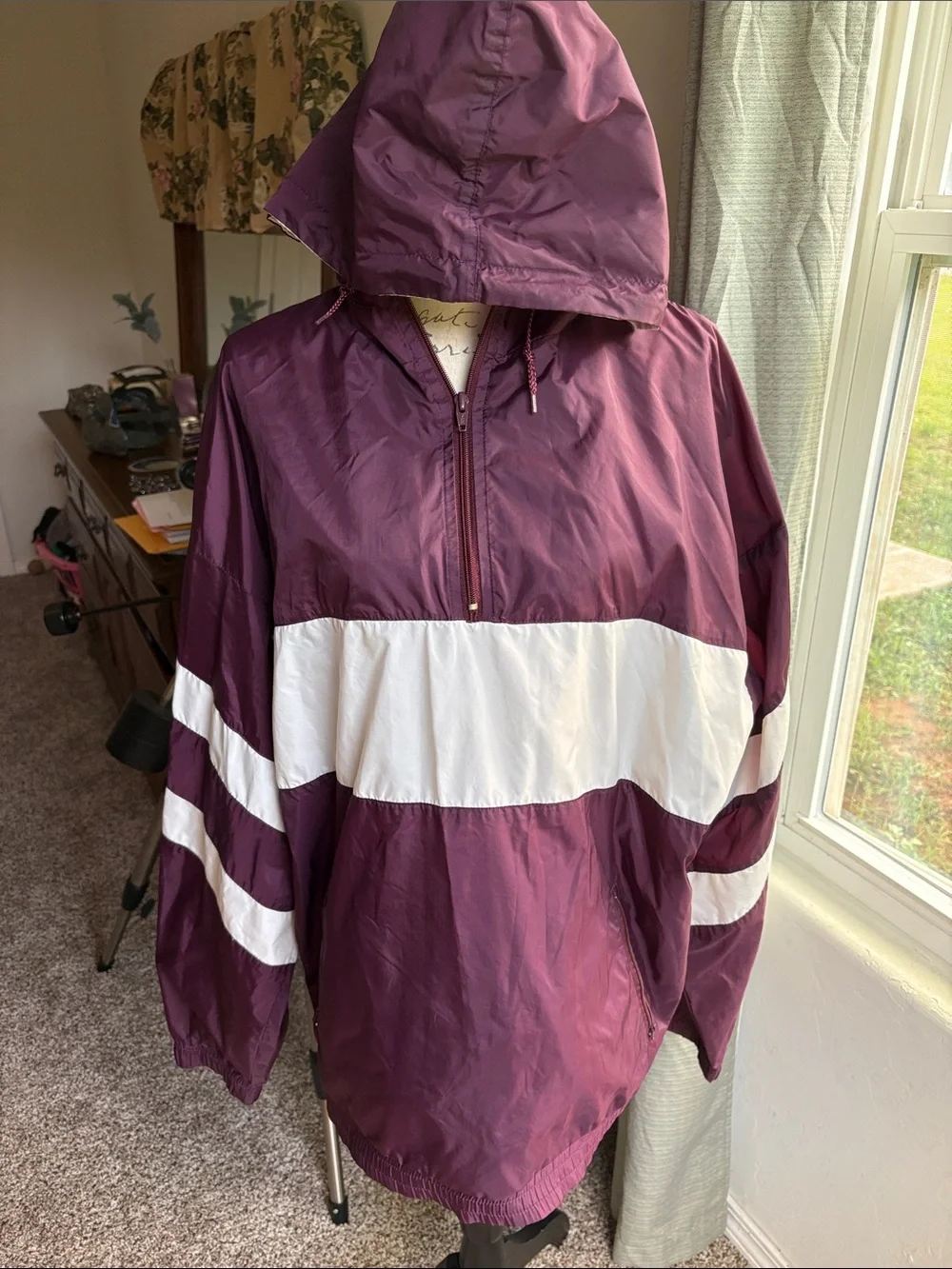 Vintage Maroon & White Hooded Windbreaker Pullover